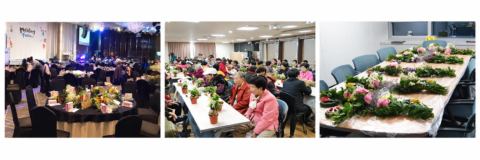 대규모 힐링 행사장과 어르신 원예 체험, 꽃 재료가 준비된 활동 공간을 나란히 담은 모습