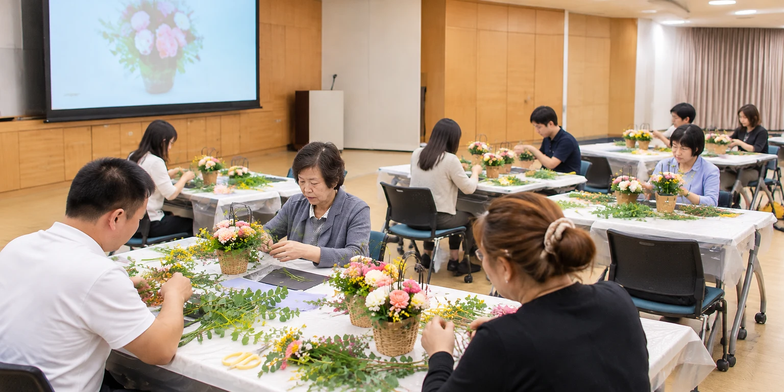 실내 교육장에서 성인 참여자들이 함께 꽃바구니를 만드는 단체 원예 체험 행사