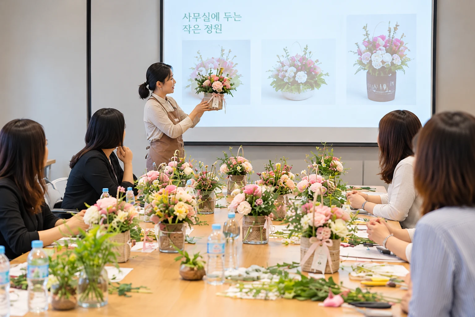 기업 교육장에서 강사가 직원들에게 꽃바구니 제작 방법을 설명하는 원예 워크숍