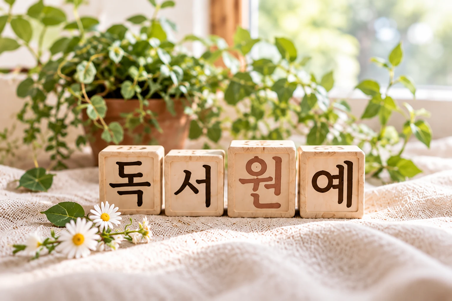 "독서원예"라고 적힌 나무 블록과 주변의 초록 식물, 데이지꽃